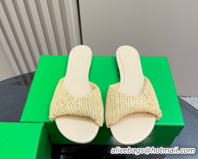 Best Grade Bottega Veneta Blink Flat Slides Sandal in Crochet Raffia Straw Beige 428090