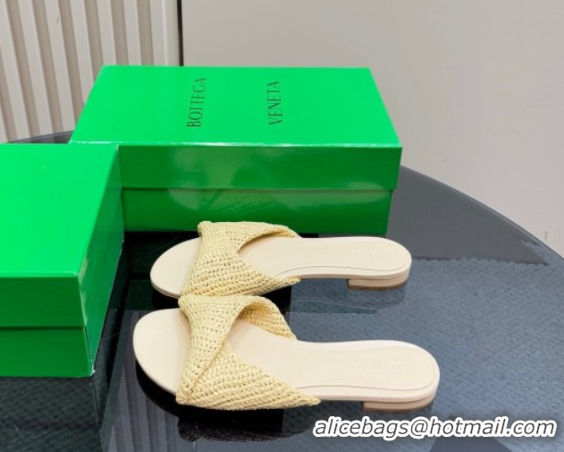 Best Grade Bottega Veneta Blink Flat Slides Sandal in Crochet Raffia Straw Beige 428090