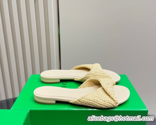 Best Grade Bottega Veneta Blink Flat Slides Sandal in Crochet Raffia Straw Beige 428090