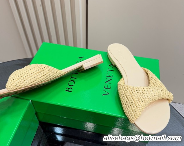 Best Grade Bottega Veneta Blink Flat Slides Sandal in Crochet Raffia Straw Beige 428090