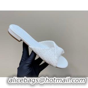 Classic Hot Bottega Veneta Blink Flat Slides Sandal in Crochet Raffia Straw White 0428091