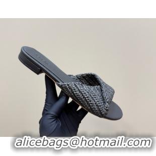 Good Quality Bottega Veneta Blink Flat Slides Sandal in Crochet Raffia Straw Black 0428092