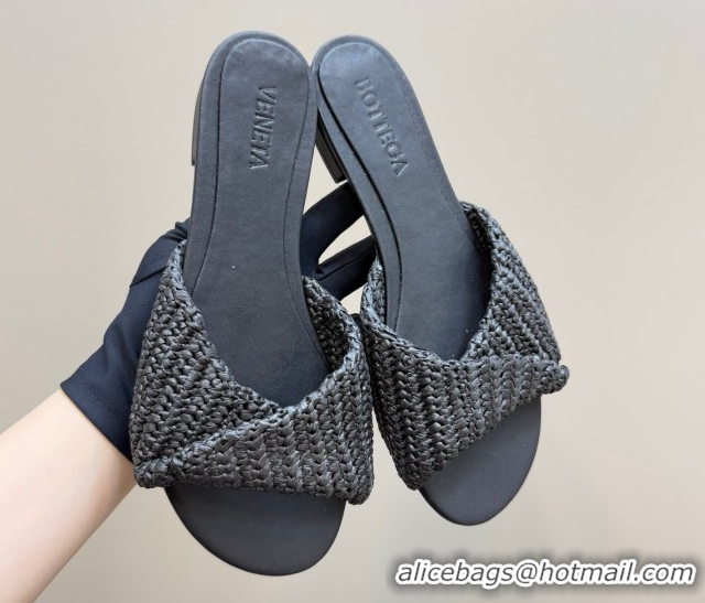Good Quality Bottega Veneta Blink Flat Slides Sandal in Crochet Raffia Straw Black 0428092