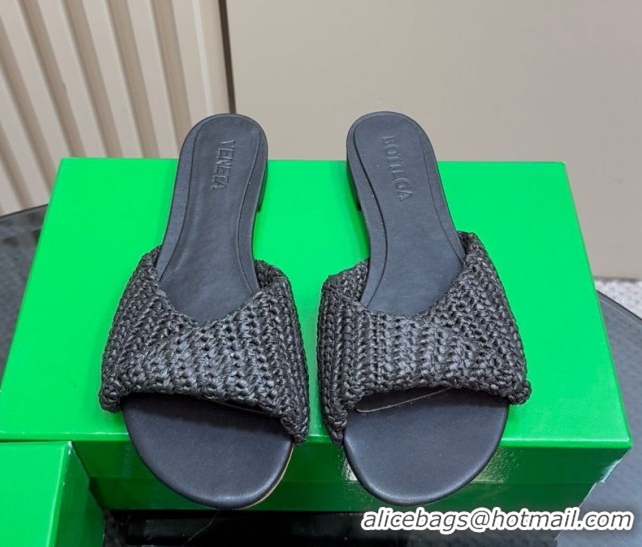 Good Quality Bottega Veneta Blink Flat Slides Sandal in Crochet Raffia Straw Black 0428092
