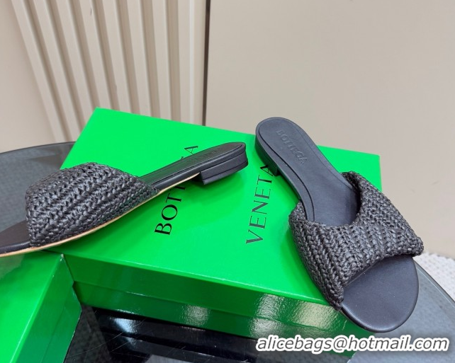 Good Quality Bottega Veneta Blink Flat Slides Sandal in Crochet Raffia Straw Black 0428092