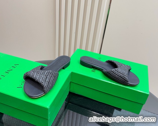 Good Quality Bottega Veneta Blink Flat Slides Sandal in Crochet Raffia Straw Black 0428092