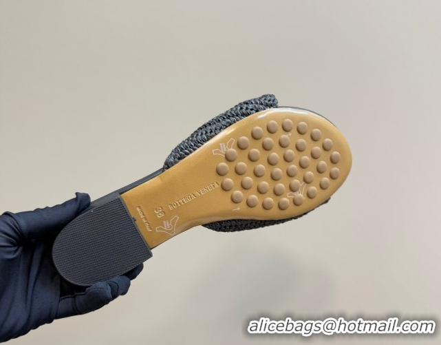Good Quality Bottega Veneta Blink Flat Slides Sandal in Crochet Raffia Straw Black 0428092