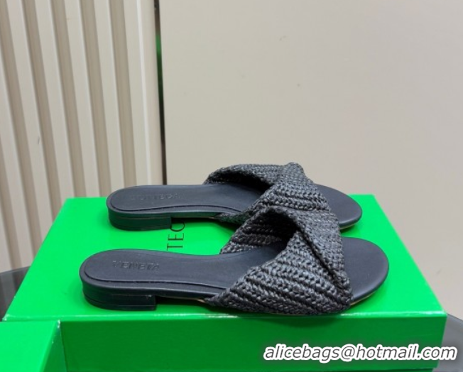Good Quality Bottega Veneta Blink Flat Slides Sandal in Crochet Raffia Straw Black 0428092