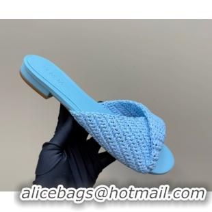 Grade Quality Bottega Veneta Blink Flat Slides Sandal in Crochet Raffia Straw Blue 0428093