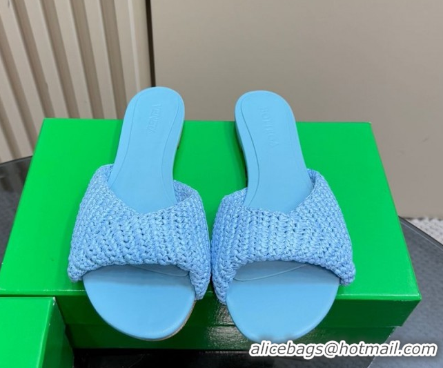 Grade Quality Bottega Veneta Blink Flat Slides Sandal in Crochet Raffia Straw Blue 0428093