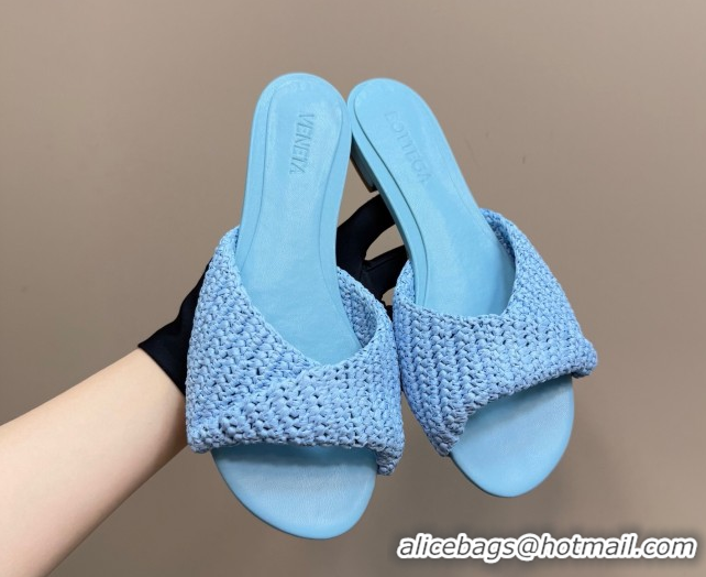 Grade Quality Bottega Veneta Blink Flat Slides Sandal in Crochet Raffia Straw Blue 0428093