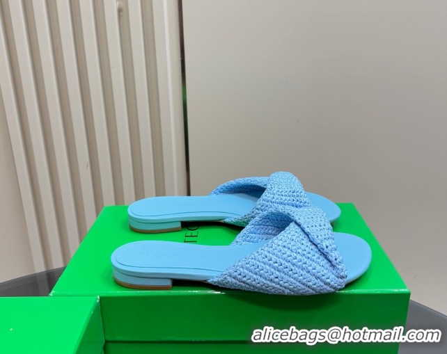 Grade Quality Bottega Veneta Blink Flat Slides Sandal in Crochet Raffia Straw Blue 0428093