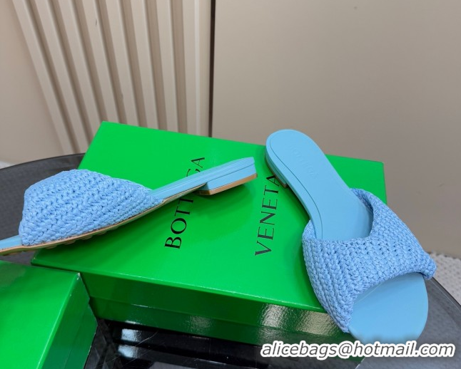 Grade Quality Bottega Veneta Blink Flat Slides Sandal in Crochet Raffia Straw Blue 0428093