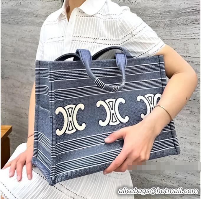 Best Price Celine Large Cabas Thais In Striped Textile With Triomphe 196762 Blue/Beige