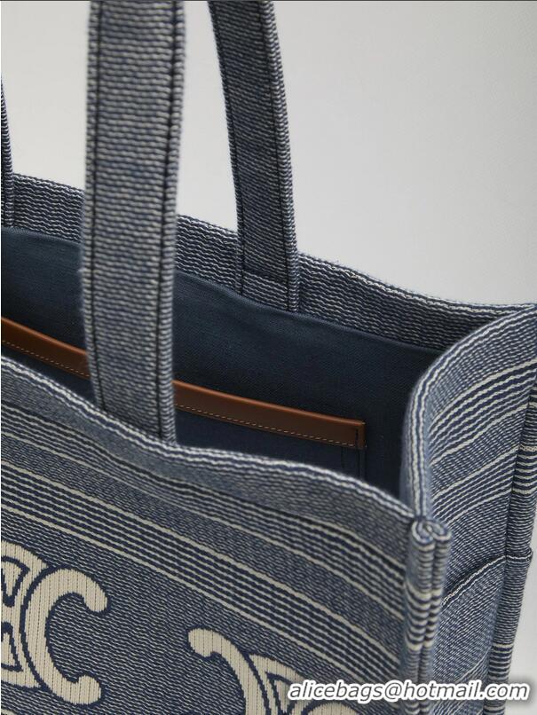 Best Price Celine Large Cabas Thais In Striped Textile With Triomphe 196762 Blue/Beige