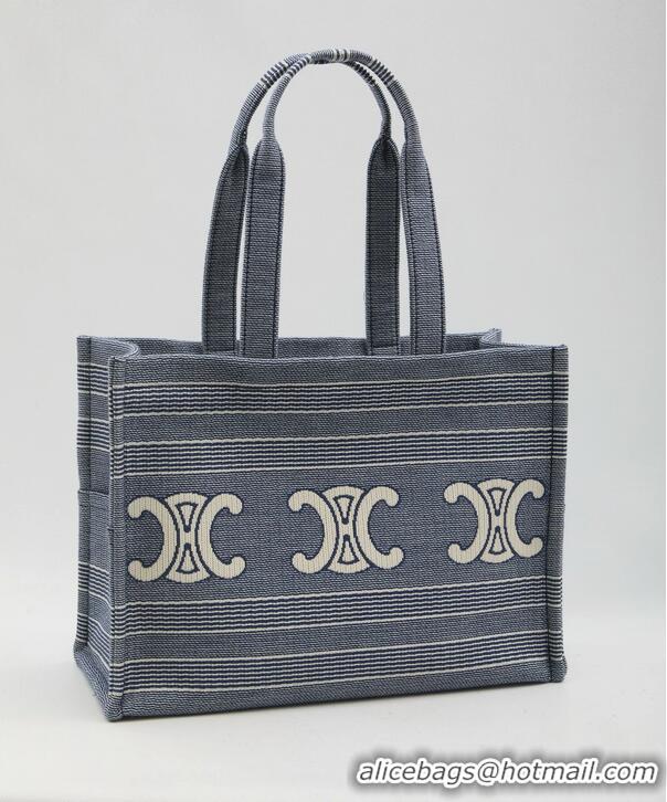 Best Price Celine Large Cabas Thais In Striped Textile With Triomphe 196762 Blue/Beige