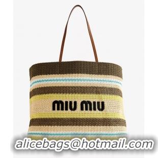 Buy Discount Miu Miu Logo-Embroidered Striped Raffia Tote Bag M0805