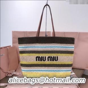 Buy Discount Miu Miu Logo-Embroidered Striped Raffia Tote Bag M0805