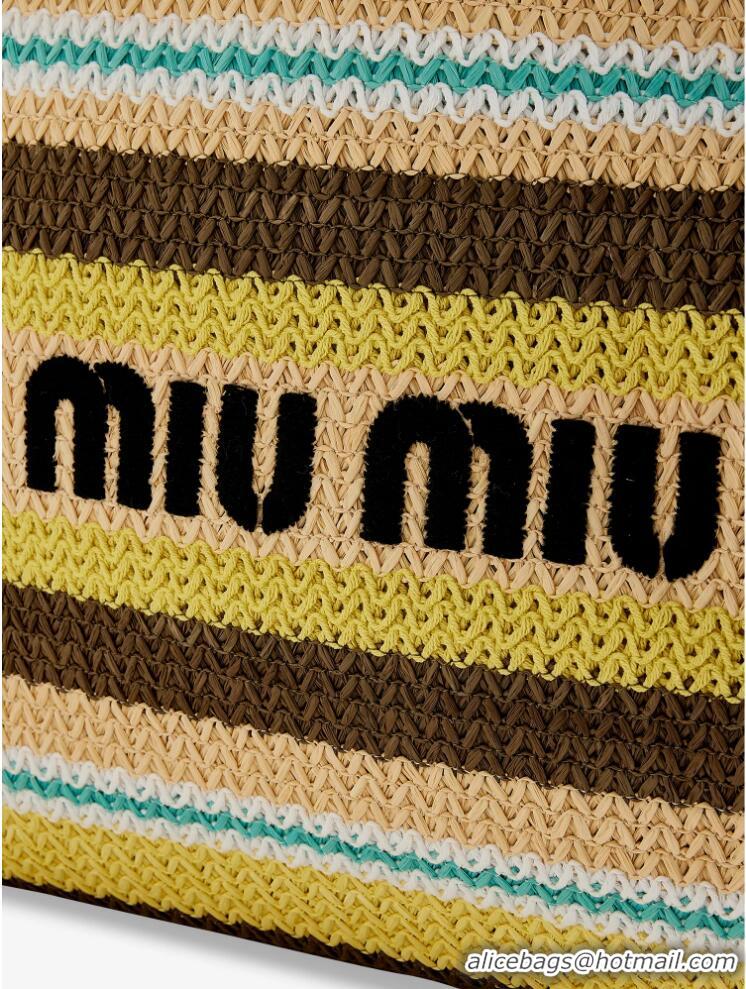 Buy Discount Miu Miu Logo-Embroidered Striped Raffia Tote Bag M0805