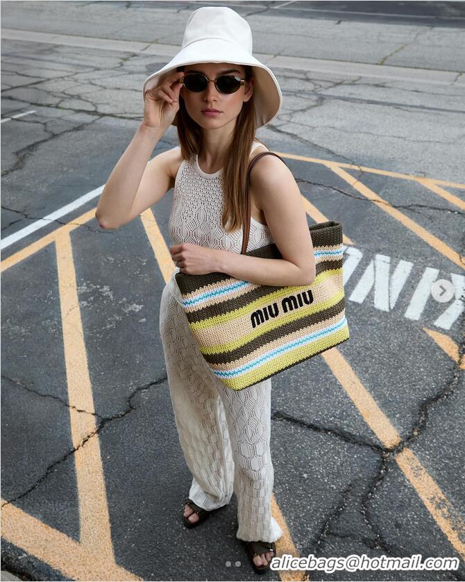 Buy Discount Miu Miu Logo-Embroidered Striped Raffia Tote Bag M0805