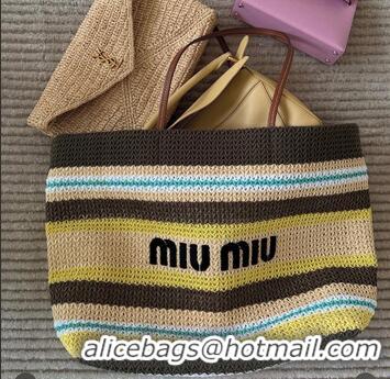 Buy Discount Miu Miu Logo-Embroidered Striped Raffia Tote Bag M0805