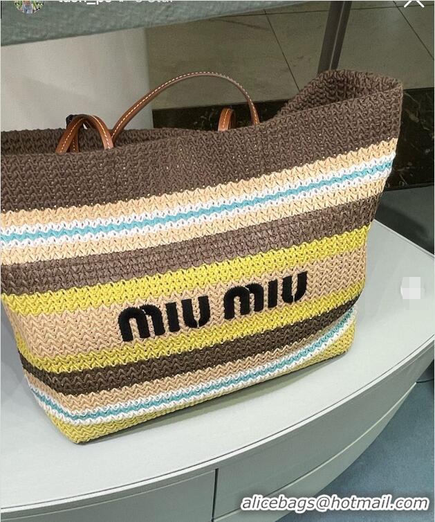 Buy Discount Miu Miu Logo-Embroidered Striped Raffia Tote Bag M0805