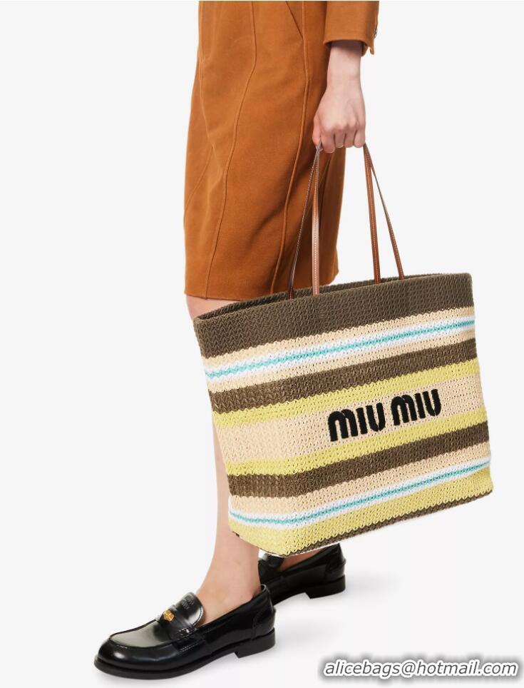 Buy Discount Miu Miu Logo-Embroidered Striped Raffia Tote Bag M0805