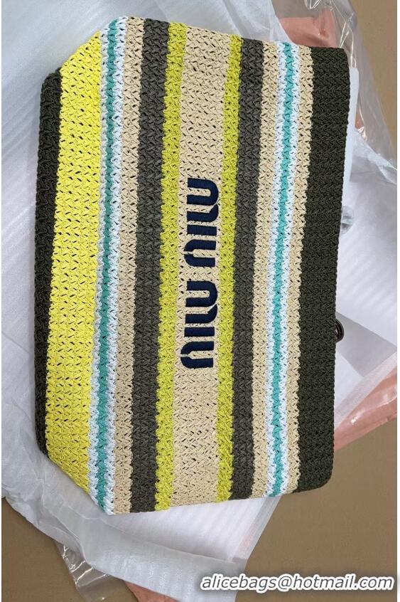 Buy Discount Miu Miu Logo-Embroidered Striped Raffia Tote Bag M0805