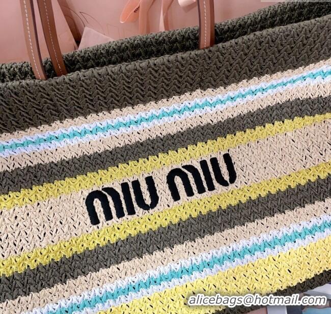 Buy Discount Miu Miu Logo-Embroidered Striped Raffia Tote Bag M0805