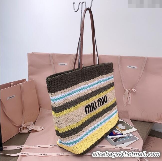 Buy Discount Miu Miu Logo-Embroidered Striped Raffia Tote Bag M0805