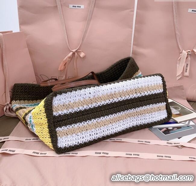Buy Discount Miu Miu Logo-Embroidered Striped Raffia Tote Bag M0805