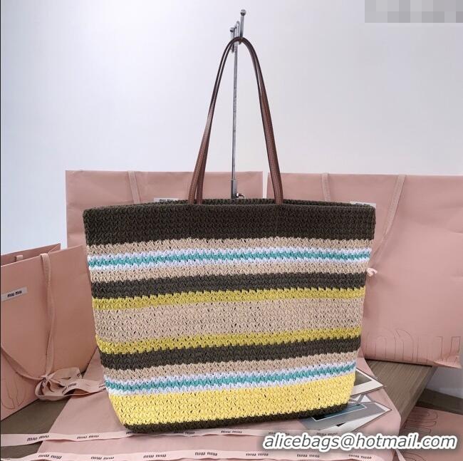 Buy Discount Miu Miu Logo-Embroidered Striped Raffia Tote Bag M0805
