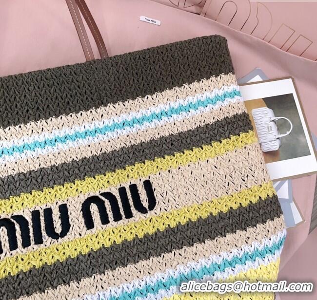 Buy Discount Miu Miu Logo-Embroidered Striped Raffia Tote Bag M0805