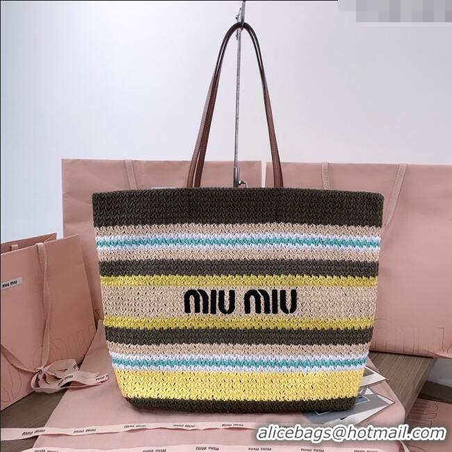 Buy Discount Miu Miu Logo-Embroidered Striped Raffia Tote Bag M0805