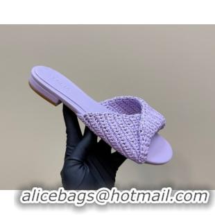Sumptuous Bottega Veneta Blink Flat Slides Sandal in Crochet Raffia Straw Purple 0428094
