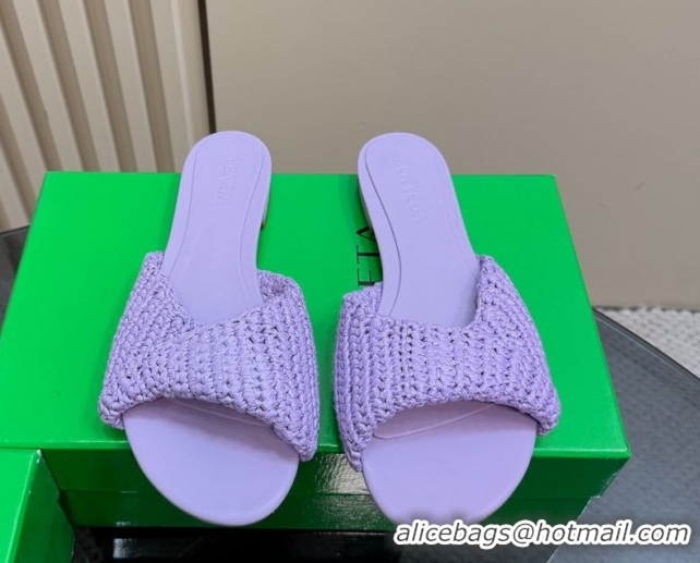 Sumptuous Bottega Veneta Blink Flat Slides Sandal in Crochet Raffia Straw Purple 0428094