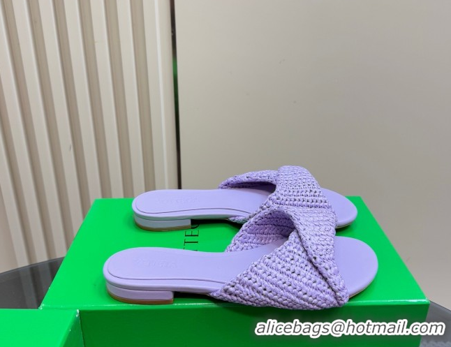 Sumptuous Bottega Veneta Blink Flat Slides Sandal in Crochet Raffia Straw Purple 0428094