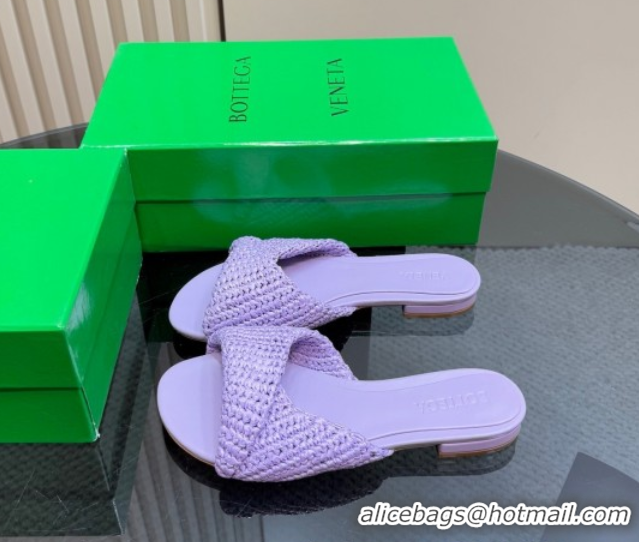 Sumptuous Bottega Veneta Blink Flat Slides Sandal in Crochet Raffia Straw Purple 0428094