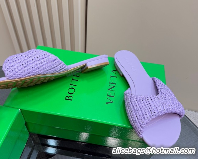 Sumptuous Bottega Veneta Blink Flat Slides Sandal in Crochet Raffia Straw Purple 0428094