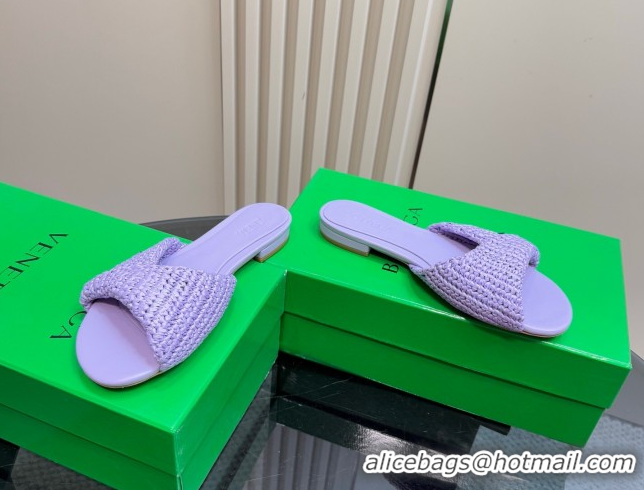Sumptuous Bottega Veneta Blink Flat Slides Sandal in Crochet Raffia Straw Purple 0428094