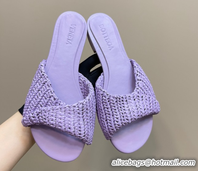 Sumptuous Bottega Veneta Blink Flat Slides Sandal in Crochet Raffia Straw Purple 0428094
