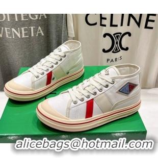 Pretty Style Bottega Veneta Eliot Mid-top Sneakers in Canvas with Leather Trim White/Sea Salt 0428096