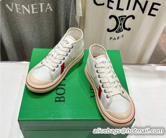 Pretty Style Bottega Veneta Eliot Mid-top Sneakers in Canvas with Leather Trim White/Sea Salt 0428096