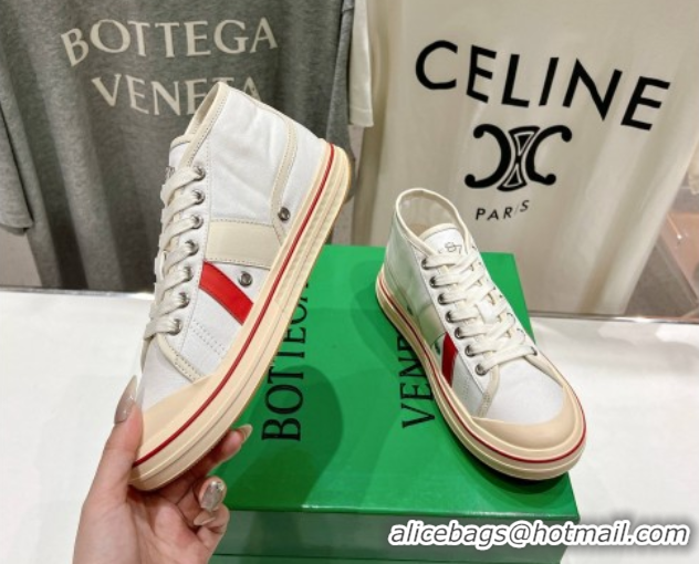 Pretty Style Bottega Veneta Eliot Mid-top Sneakers in Canvas with Leather Trim White/Sea Salt 0428096