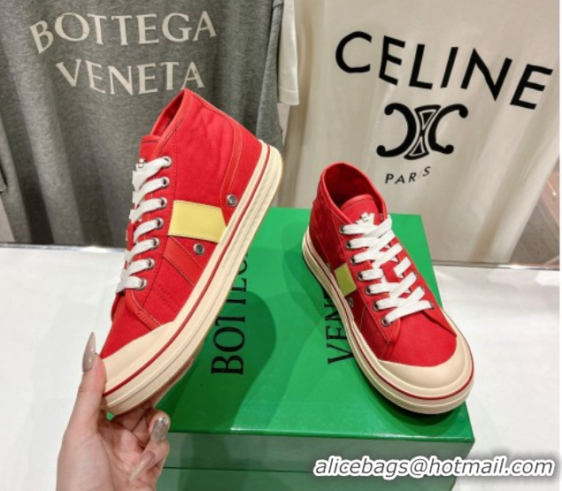 Stylish Bottega Veneta Eliot Mid-top Sneakers in Canvas with Leather Trim Scarlet Red/Tomato 0428098