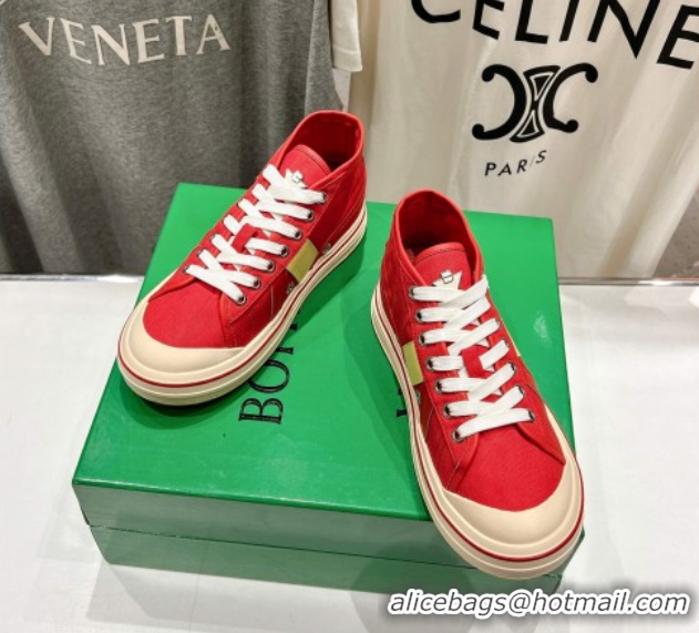 Stylish Bottega Veneta Eliot Mid-top Sneakers in Canvas with Leather Trim Scarlet Red/Tomato 0428098