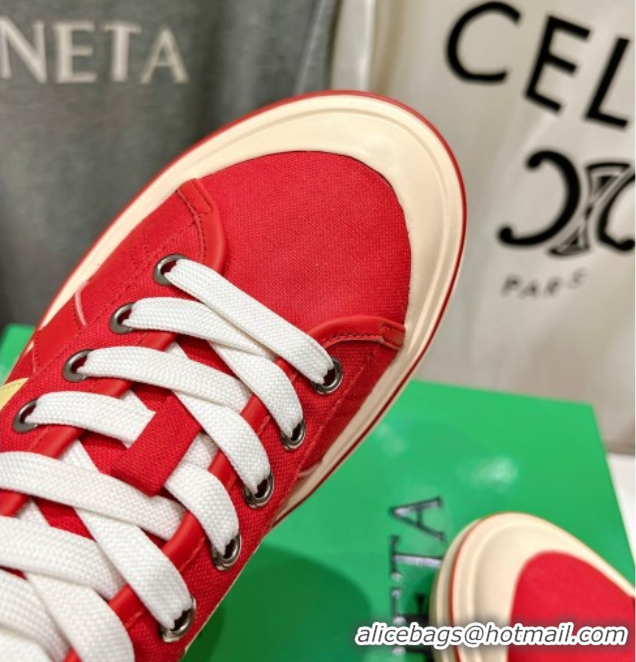 Stylish Bottega Veneta Eliot Mid-top Sneakers in Canvas with Leather Trim Scarlet Red/Tomato 0428098