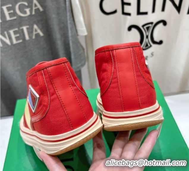 Stylish Bottega Veneta Eliot Mid-top Sneakers in Canvas with Leather Trim Scarlet Red/Tomato 0428098