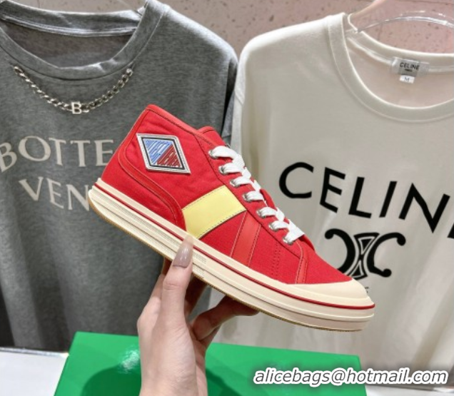 Stylish Bottega Veneta Eliot Mid-top Sneakers in Canvas with Leather Trim Scarlet Red/Tomato 0428098