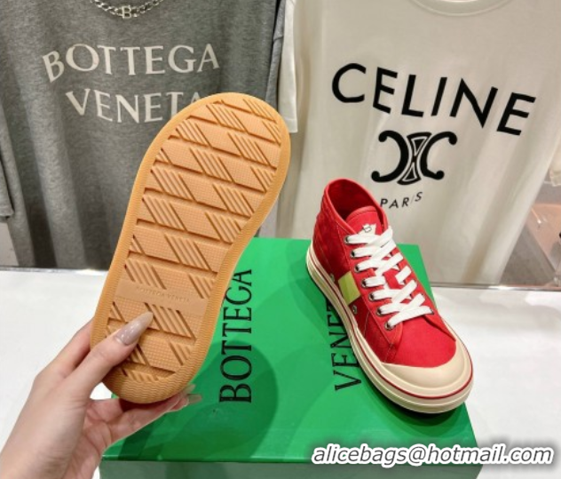 Stylish Bottega Veneta Eliot Mid-top Sneakers in Canvas with Leather Trim Scarlet Red/Tomato 0428098
